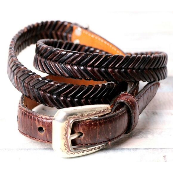 Brighton WOVEN BROWN GENUINE LEATHER 3/4"Wd CASUAL SKINNY WOMEN'S BELT Sz M (G98 - Picture 1 of 9